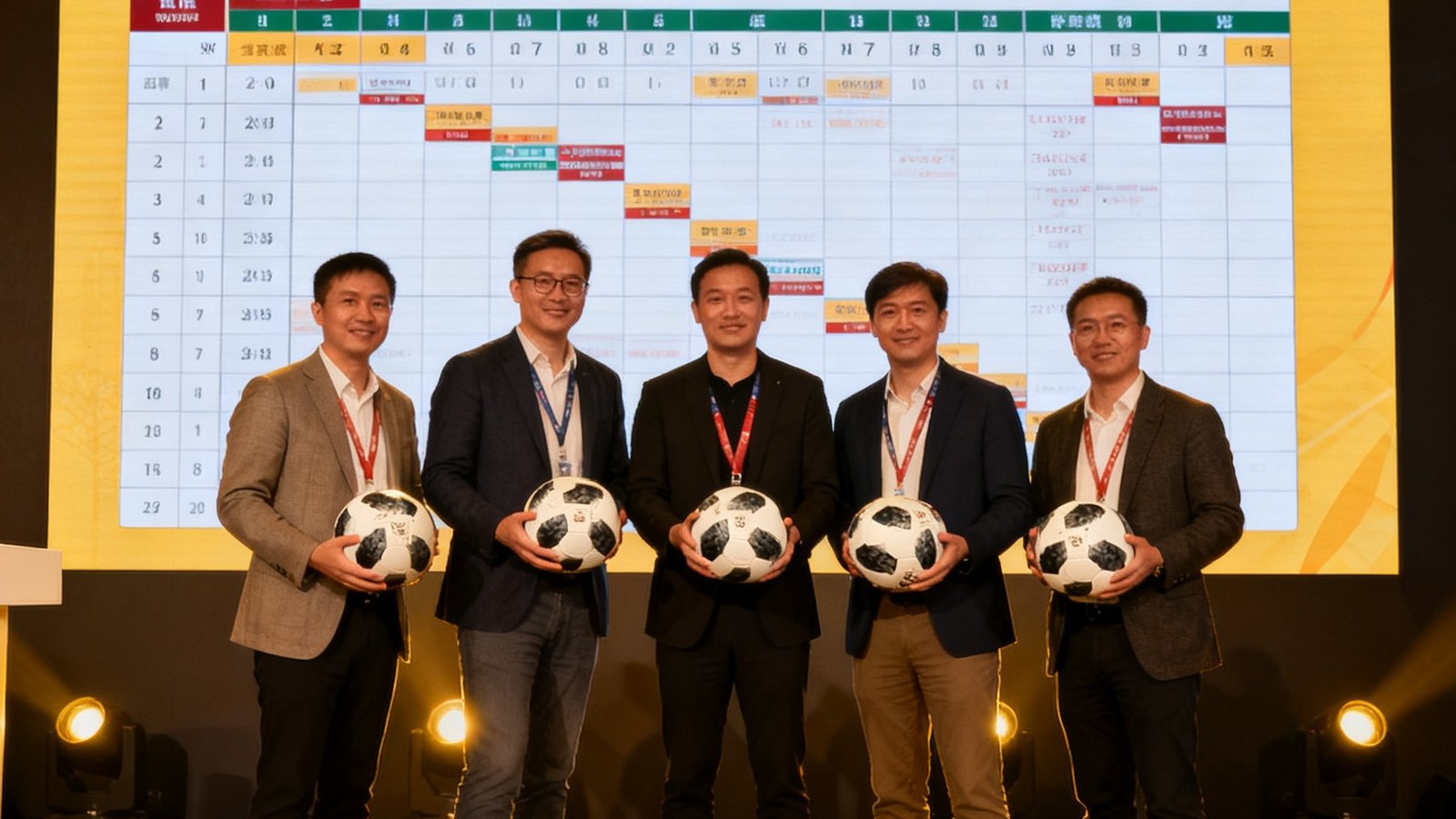 赛程之家团队在2026世界杯赛程发布会现场合影，背景是大屏幕赛程表，团队成员手持足球